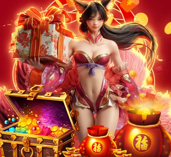 The Live Casino House fox hostess with a gift box, treasure chest and lucky bags